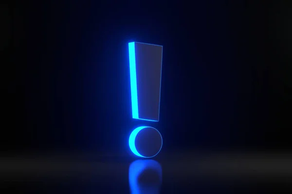 Exclamation mark with bright glowing futuristic blue neon lights on black background. 3D render illustration