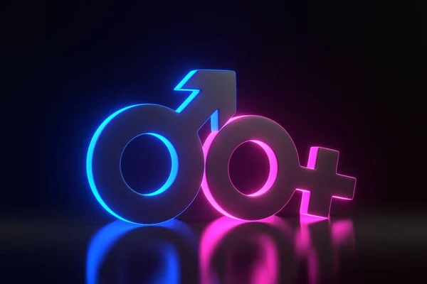 Male and Female symbols with bright glowing futuristic blue neon lights on black background. Sexual symbols. Sign of venus and mars. Gender icon. Couple man and woman. 3D render illustration