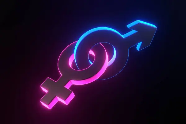 Male and Female symbols joined together with bright glowing futuristic blue neon lights on black background. Sexual symbols. Sign of venus and mars. Gender icon. Couple man and woman. 3D render