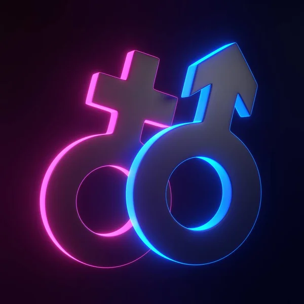 Male and Female symbols with bright glowing futuristic blue neon lights on black background. Sexual symbols. Sign of venus and mars. Gender icon. Couple man and woman. 3D render illustration