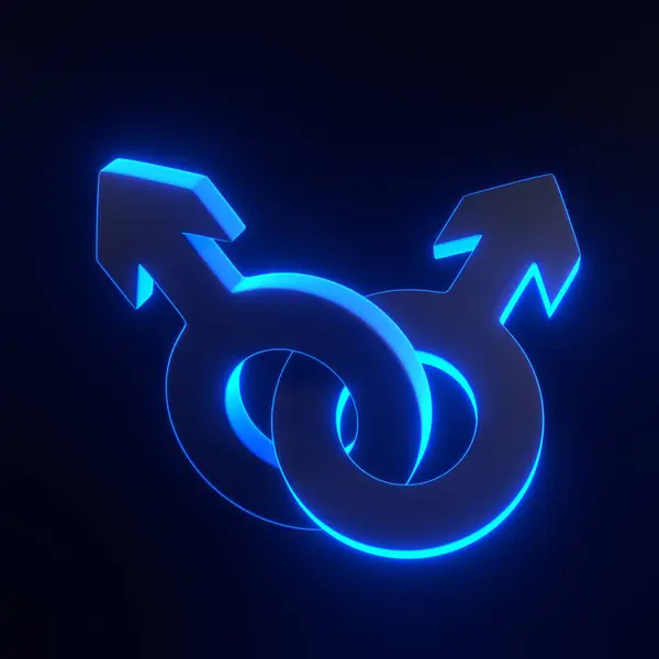 Male symbols intertwined with each other with bright glowing futuristic blue neon lights on black background. Sexual symbols. Sign of mars. Gender icon. Man symbol. 3D render illustration