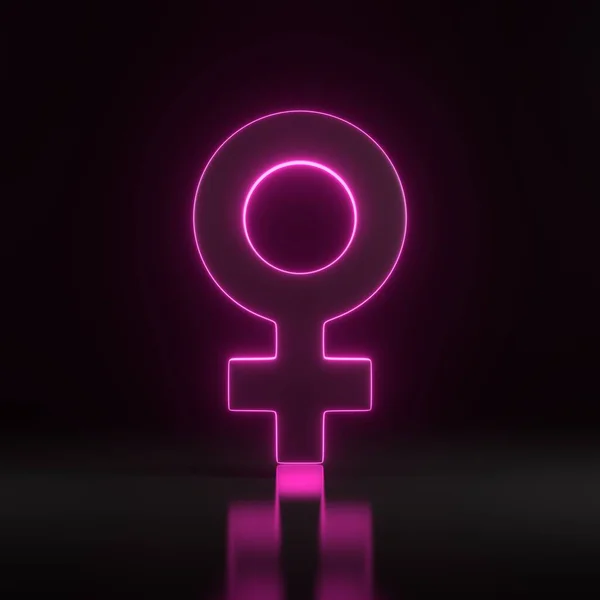 Female symbol with bright glowing futuristic pink neon lights on black background. Sexual symbols. Sign of venus. Gender icon. Woman symbol. 3D render illustration