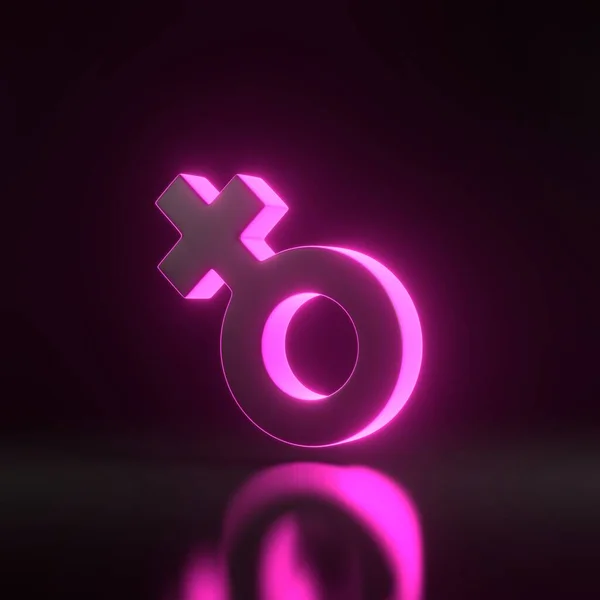 Female symbol with bright glowing futuristic pink neon lights on black background. Sexual symbols. Sign of venus. Gender icon. Woman symbol. 3D render illustration