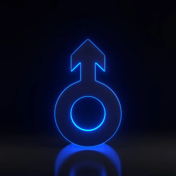Male symbol with bright glowing futuristic blue neon lights on black background. Sexual symbols. Sign of mars. Gender icon. Man symbol. 3D render illustration