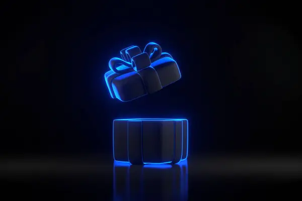Gift Box Bright Glowing Futuristic Blue Neon Lights Black Background — Stock Photo, Image