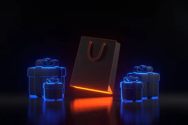 Gift boxes and shopping bag with bright glowing futuristic blue and orange neon lights on black background. Holiday decoration. Festive gift surprise. 3D render illustration