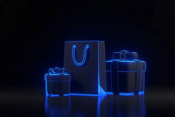 Gift boxes and shopping bag with bright glowing futuristic blue neon lights on black background. Holiday decoration. Festive gift surprise. 3D render illustration