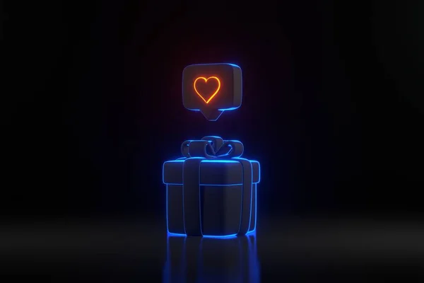 Gift box with a icon like heart with bright glowing futuristic blue and orange neon lights on black background. Simple minimal design. 3D render illustration