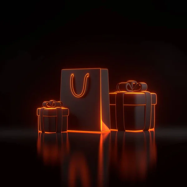 Gift boxes and shopping bag with bright glowing futuristic orange neon lights on black background. Holiday decoration. Festive gift surprise. 3D render illustration