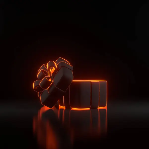 Open Gift box with bright glowing futuristic orange neon lights on black background. Holiday decoration. Festive gift surprise. 3D render illustration