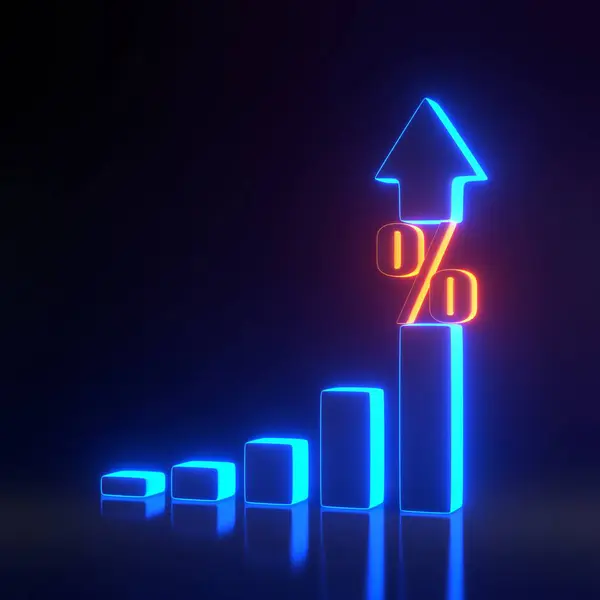 Financial graph and percentage with bright glowing futuristic orange and blue neon lights on black background. 3D render illustration
