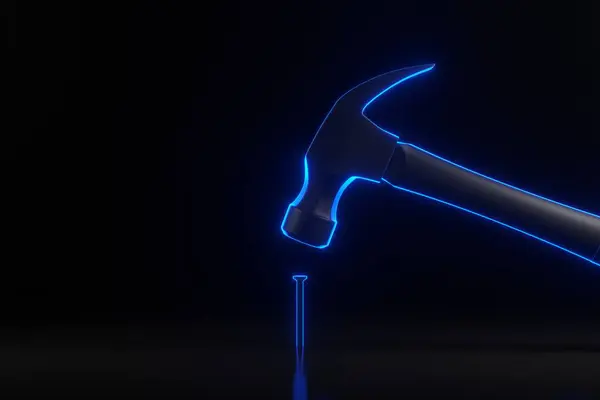 Hammer with a steel head banging a small screw with bright glowing futuristic blue neon lights on black background. 3D render illustration