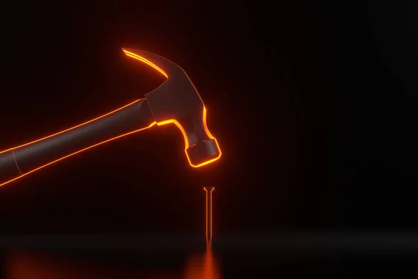 Hammer with a steel head banging a small screw with bright glowing futuristic orange neon lights on black background. 3D render illustration