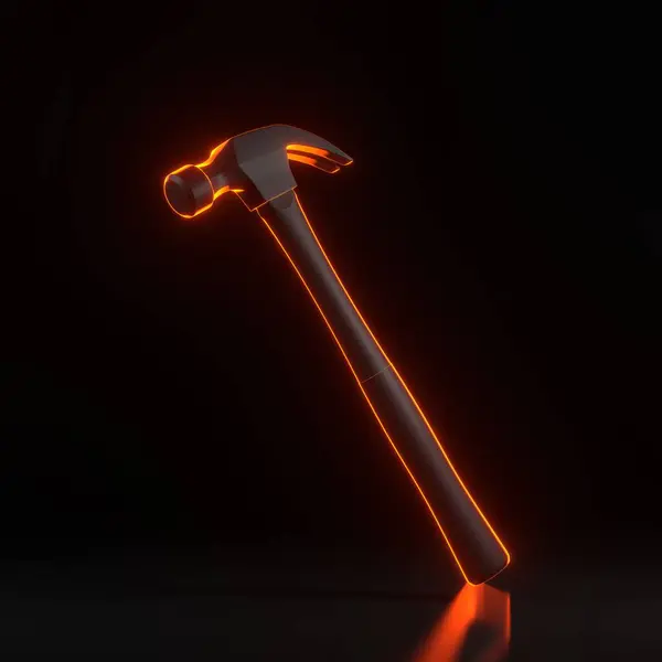 Claw hammer with bright glowing futuristic orange neon lights on black background. 3D render illustration
