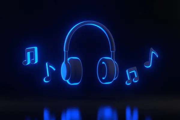 Auriculares Nota Melodía Con Brillantes Luces Neón Azul Futurista Brillante —  Fotos de Stock