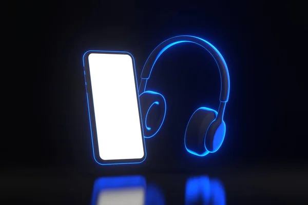 Auscultadores Smartphone Com Brilhantes Luzes Néon Azul Futurista Sobre Fundo — Fotografia de Stock