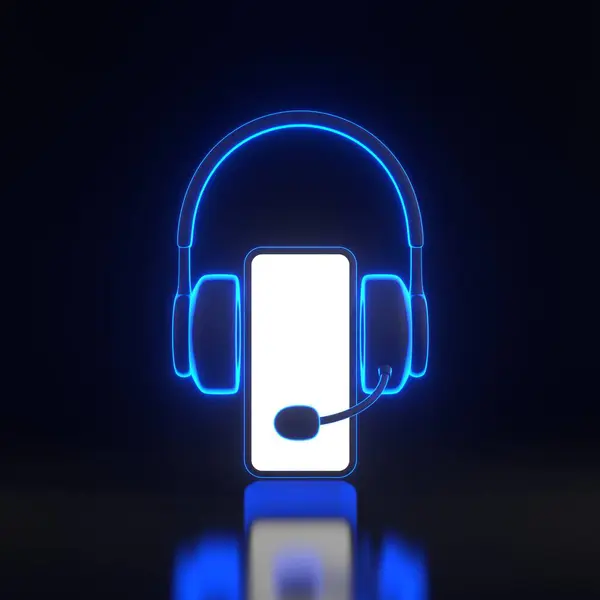 Cuffie Smartphone Con Brillanti Luci Neon Blu Futuristiche Luminose Sfondo — Foto Stock