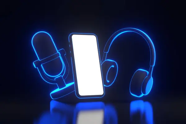 stock image Microphone, headphones and smartphone with bright glowing futuristic blue neon lights on black background. Minimal creative concept. 3D render illustration