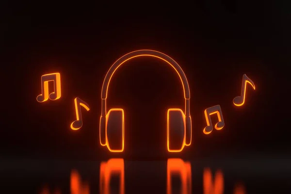 黒い背景に明るく輝く未来的なオレンジ色のネオン ライトが付いているヘッドホンおよびメロディー ノート ラジオ ポッドキャスト 本を聴くコンセプト 3Dレンダリングイラスト — ストック写真