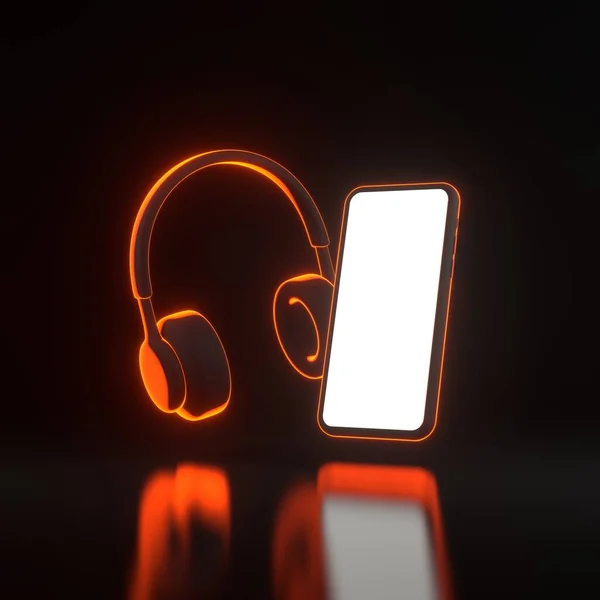 Kopfhörer Und Smartphone Mit Leuchtend Orangefarbenen Neonlichtern Auf Schwarzem Hintergrund — Stockfoto