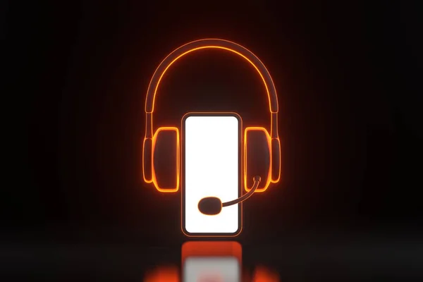 Słuchawki Smartfon Jaskrawo Świecącymi Futurystycznymi Pomarańczowymi Neonami Czarnym Tle Minimalna — Zdjęcie stockowe