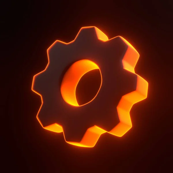 Gear icon with bright glowing futuristic orange neon lights on black background. 3D icon, sign and symbol. Cartoon minimal style. 3D render illustration