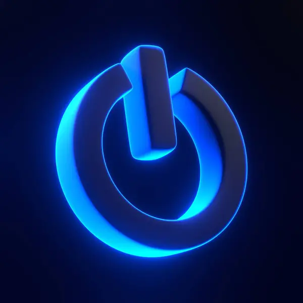 黒い背景に明るく輝く未来的な青いネオン ライトが付いている力のボタン 3Dアイコン サイン シンボル カートゥーンミニマルスタイル 3Dレンダリングイラスト — ストック写真