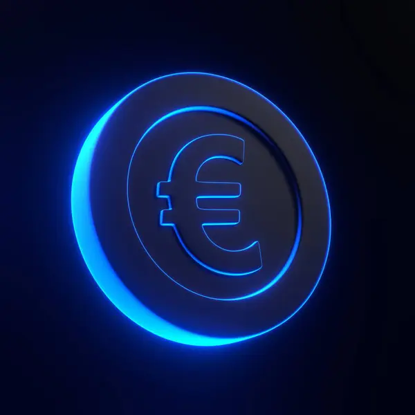 Coin with euro sign with bright glowing futuristic blue neon lights on black background. 3D icon, sign and symbol. Cartoon minimal style. 3D render illustration