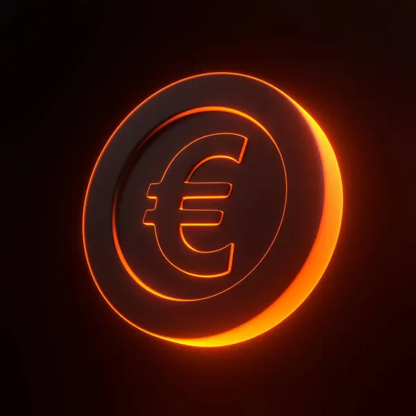 Coin with euro sign with bright glowing futuristic orange neon lights on black background. 3D icon, sign and symbol. Cartoon minimal style. 3D render illustration