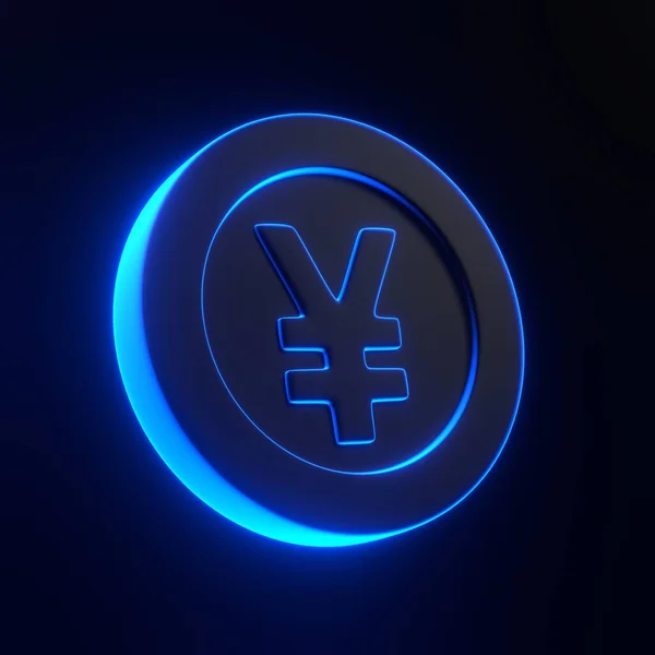 黒い背景に明るく輝く未来的な青いネオン ライトが付いている円の印が付いている硬貨 3Dアイコン サイン シンボル カートゥーンミニマルスタイル 3Dレンダリングイラスト — ストック写真