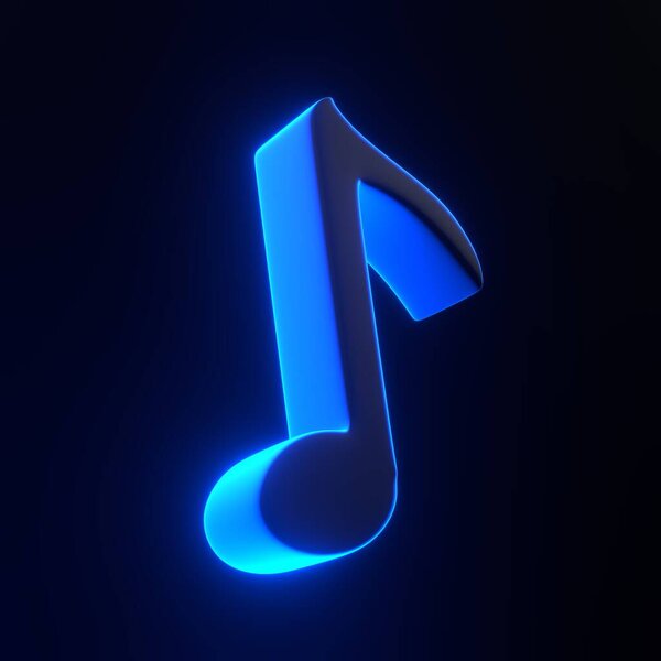 Music note with bright glowing futuristic blue neon lights on black background. 3D icon, sign and symbol. Cartoon minimal style. 3D render illustration
