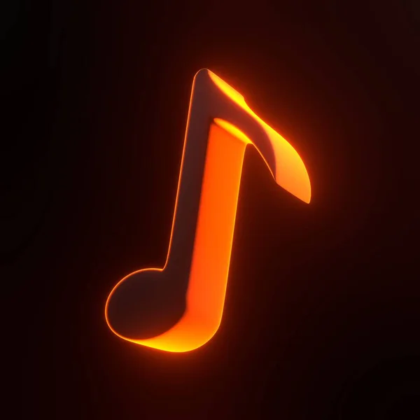 Music note with bright glowing futuristic orange neon lights on black background. 3D icon, sign and symbol. Cartoon minimal style. 3D render illustration