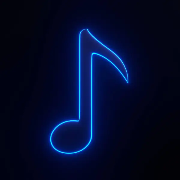 Music note with bright glowing futuristic blue neon lights on black background. 3D icon, sign and symbol. Front view. 3D render illustration