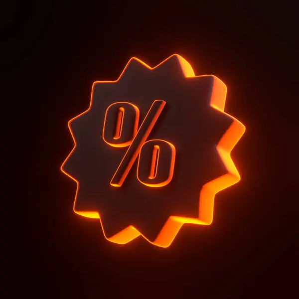 Shopping price tag, discount coupon and percent symbol with bright glowing futuristic orange neon lights on black background. 3D icon, sign and symbol. Cartoon minimal style. 3D render illustration
