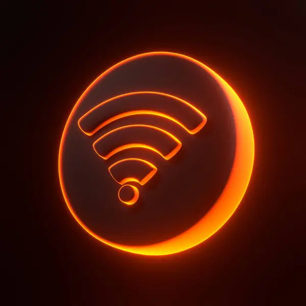 Wireless network icon or technology wifi with bright glowing futuristic orange neon lights on black background. 3D icon, sign and symbol. Cartoon minimal style. 3D render illustration