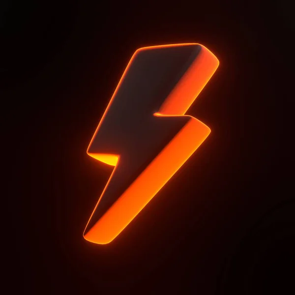 Lightning bolt icon with bright glowing futuristic orange neon lights on black background. 3D icon, sign and symbol. Cartoon minimal style. 3D render illustration