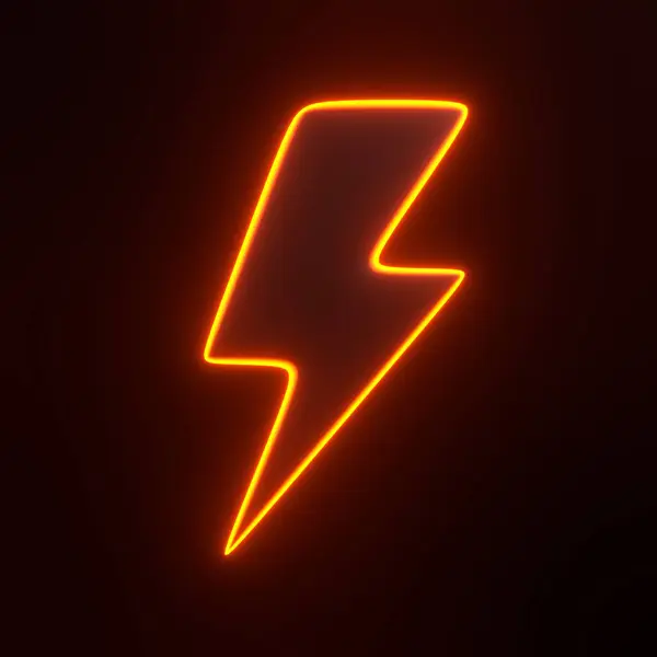 Lightning bolt icon with bright glowing futuristic orange neon lights on black background. 3D icon, sign and symbol. Front view. 3D render illustration
