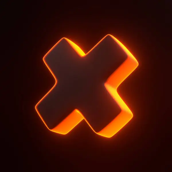 Cross sign with bright glowing futuristic orange neon lights on black background. 3D icon, sign and symbol. Cartoon minimal style. 3D render illustration