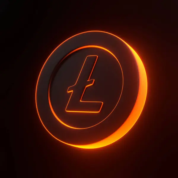 Litecoin token with bright glowing futuristic orange neon lights on black background. 3D icon, sign and symbol. Cartoon minimal style. 3D render illustration