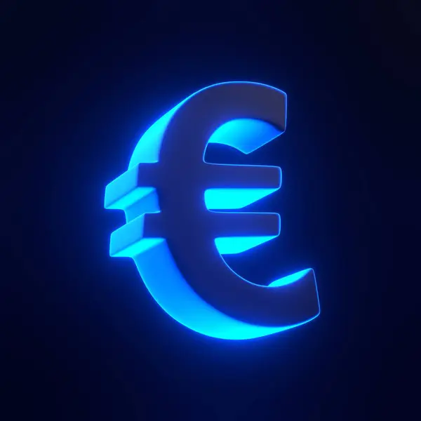 Euro sign with bright glowing futuristic blue neon lights on black background. 3D icon, sign and symbol. Cartoon minimal style. 3D render illustration