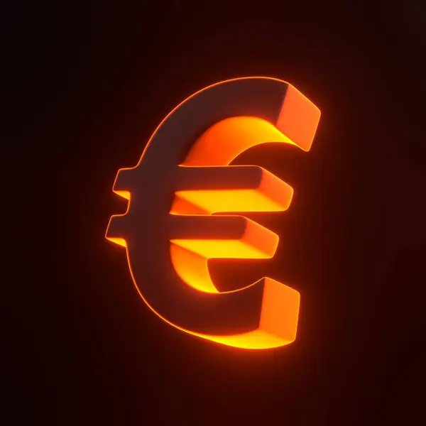 Euro sign with bright glowing futuristic orange neon lights on black background. 3D icon, sign and symbol. Cartoon minimal style. 3D render illustration