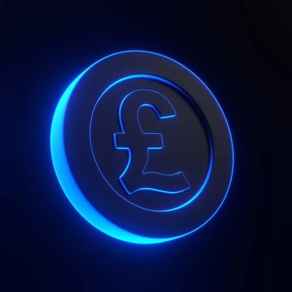 Coin with pound sign with bright glowing futuristic blue neon lights on black background. 3D icon, sign and symbol. Cartoon minimal style. 3D render illustration