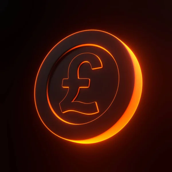 Coin with pound sign with bright glowing futuristic orange neon lights on black background. 3D icon, sign and symbol. Cartoon minimal style. 3D render illustration