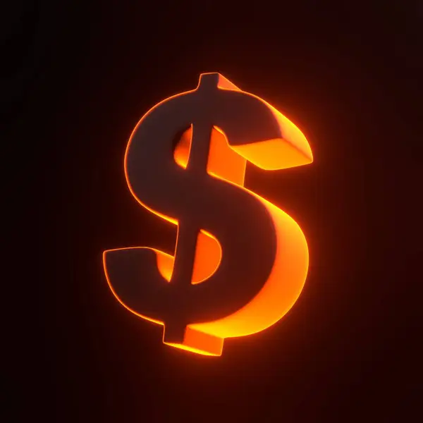 Dollar sign with bright glowing futuristic orange neon lights on black background. 3D icon, sign and symbol. Cartoon minimal style. 3D render illustration