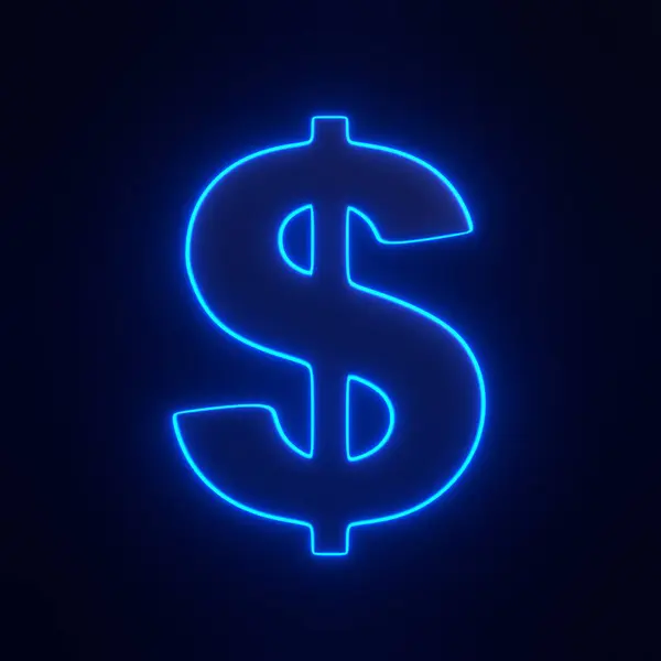 Dollar sign with bright glowing futuristic blue neon lights on black background. 3D icon, sign and symbol. Front view. 3D render illustration