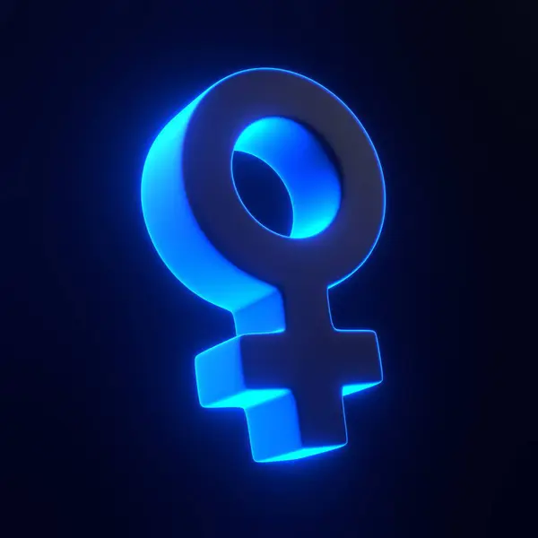 Woman symbol with bright glowing futuristic blue neon lights on black background. 3D icon, sign and symbol. Cartoon minimal style. 3D render illustration