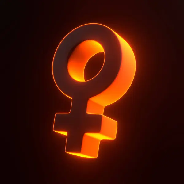 Woman symbol with bright glowing futuristic orange neon lights on black background. 3D icon, sign and symbol. Cartoon minimal style. 3D render illustration