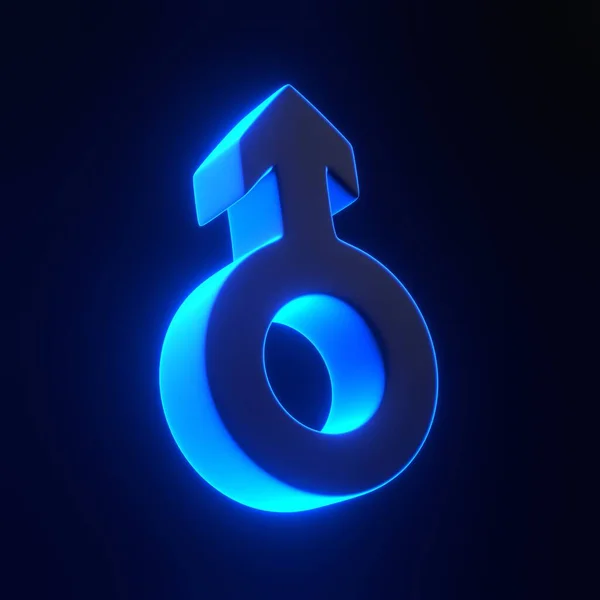 Man symbol with bright glowing futuristic blue neon lights on black background. 3D icon, sign and symbol. Cartoon minimal style. 3D render illustration