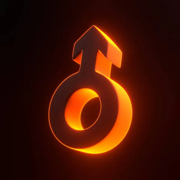 Man symbol with bright glowing futuristic orange neon lights on black background. 3D icon, sign and symbol. Cartoon minimal style. 3D render illustration