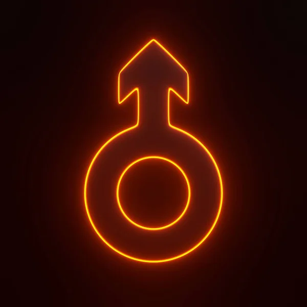 Man symbol with bright glowing futuristic orange neon lights on black background. 3D icon, sign and symbol. Front view. 3D render illustration